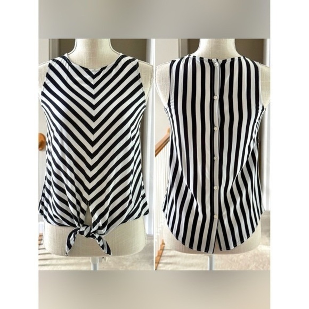 Loft Petites Black White Striped Tie Front Sleeveless Shell Top XXSP Button Back - Picture 10 of 10